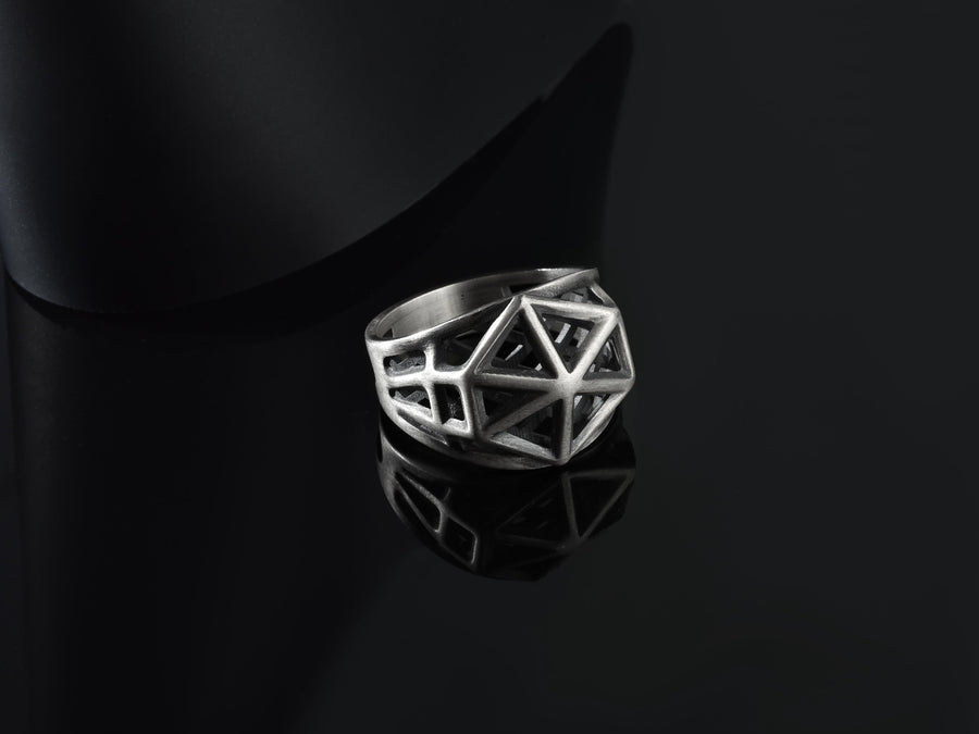 Sterling Silver Icosahedron Wireframe Ring, Brutalist Techwear Signet, Oxidized Polygon Band