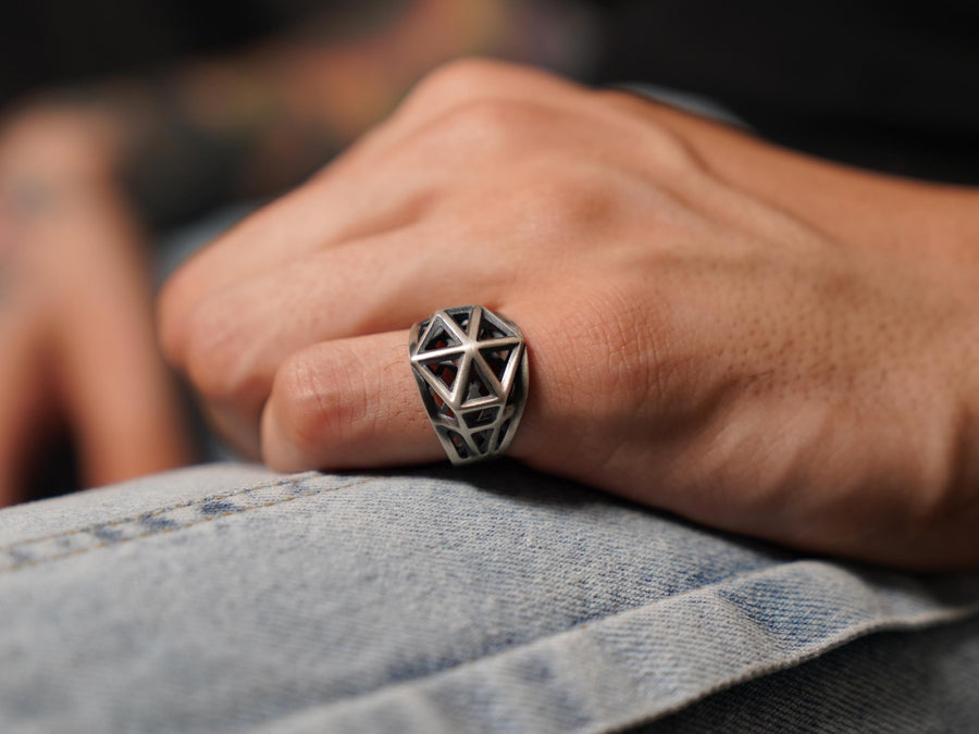 Sterling Silver Icosahedron Wireframe Ring, Brutalist Techwear Signet, Oxidized Polygon Band