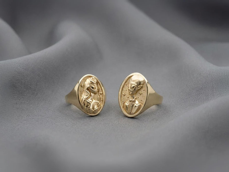 Sterling Silver Alien Wedding Rings Set, Unique Couples Jewelry, Cosmic Engagement Rings, Sci-Fi Lover Gift, Handmade Matching Rings
