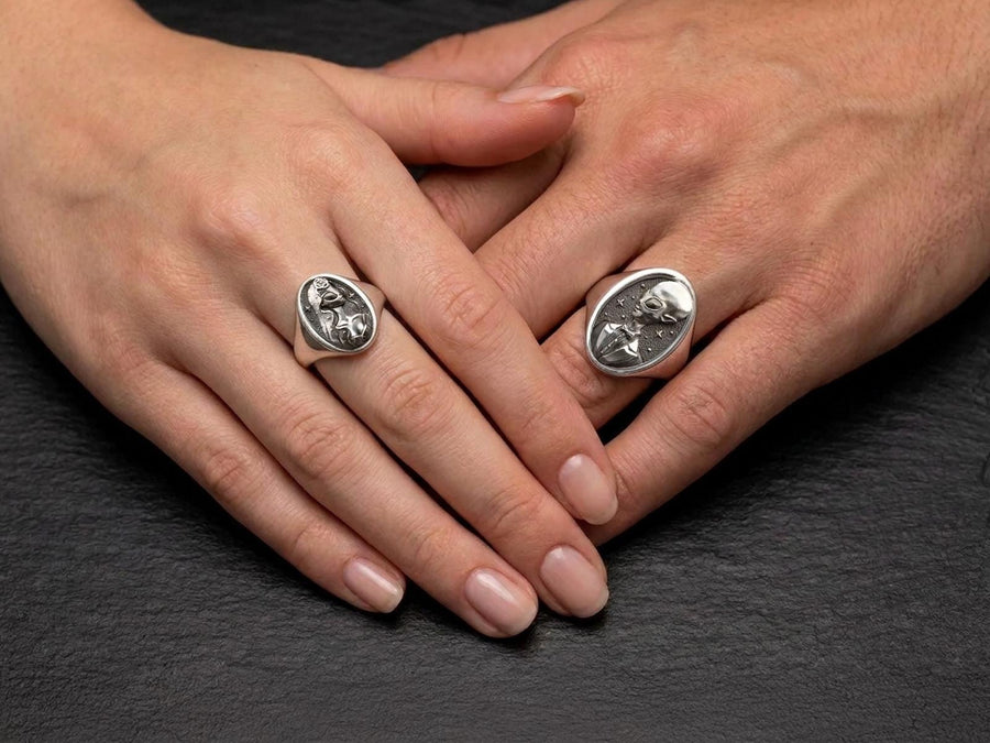 Sterling Silver Alien Wedding Rings Set, Unique Couples Jewelry, Cosmic Engagement Rings, Sci-Fi Lover Gift, Handmade Matching Rings